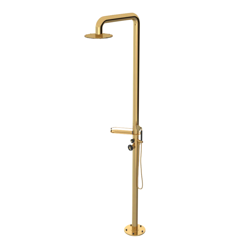 Rubinet Pressure Balance Outdoor Shower with Hand Held Shower & 10" Shower Head (with shelf) - 304 Stainless Steel Gold