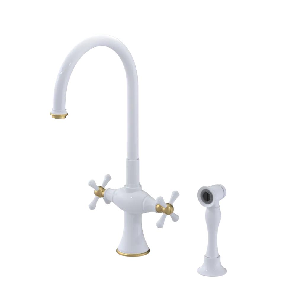 Rubinet Two Handle Single Hole Kitchen Set with Hand Spray White