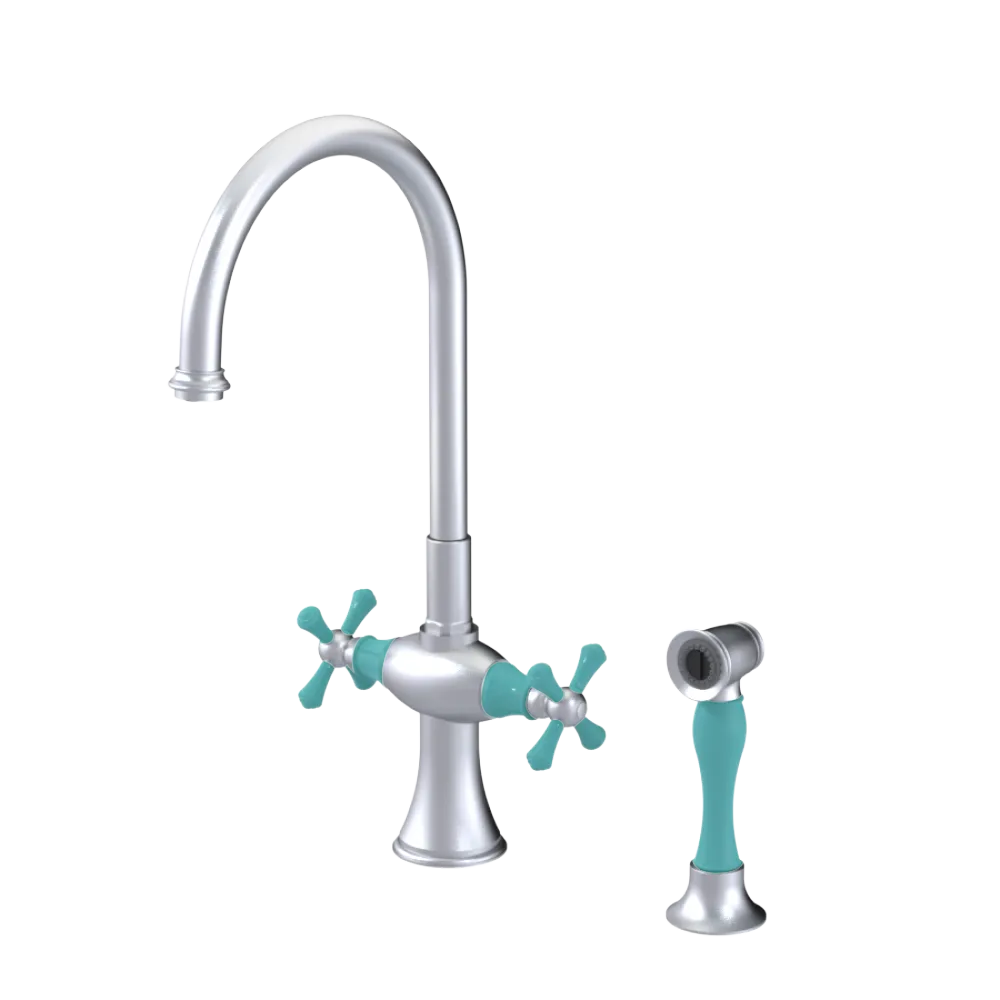 Rubinet Two Handle Single Hole Kitchen Set with Hand Spray Satin Chrome