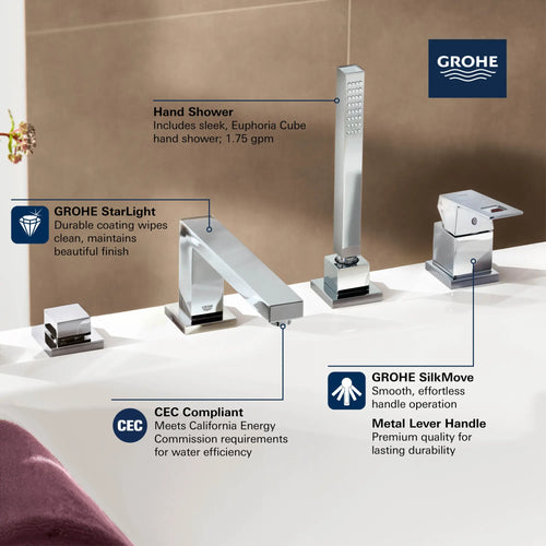 Grohe Eurocube® 4-Hole Single-Handle Deck Mount Roman Tub Faucet With 6.6 L/Min (1.75 Gpm) Hand Shower