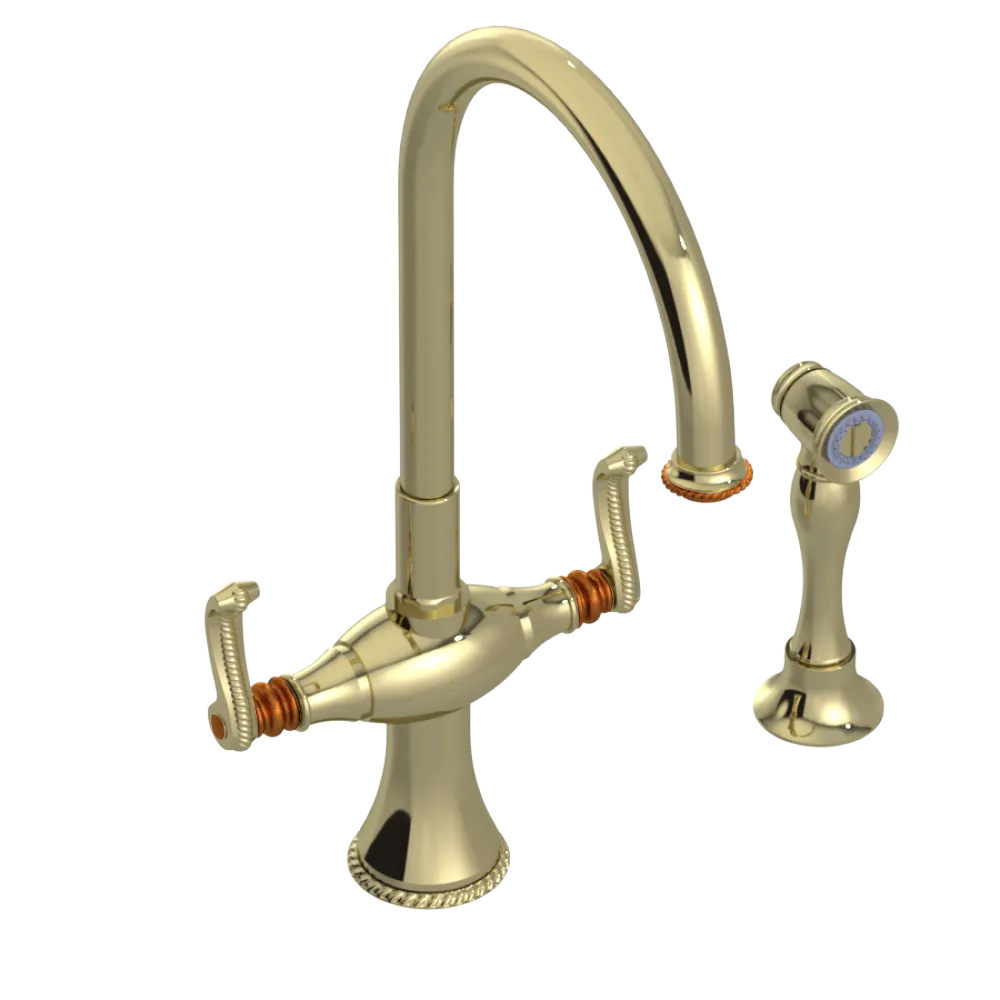 Rubinet Two Handle Single Hole Kitchen Set with Hand Spray Gold