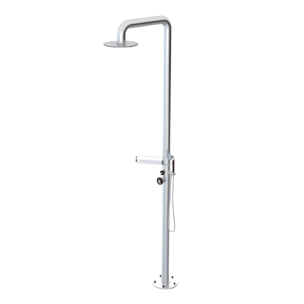 Rubinet Pressure Balance Outdoor Shower with Hand Held Shower & 10" Shower Head (with shelf) - 304 Stainless Steel Satin Chrome