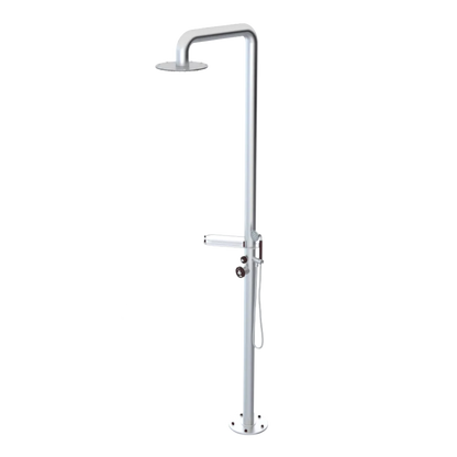Rubinet Pressure Balance Outdoor Shower with Hand Held Shower & 10" Shower Head (with shelf) - 304 Stainless Steel Satin Chrome