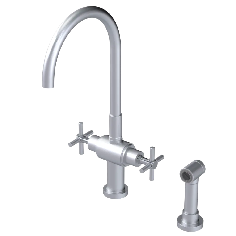 Rubinet Two Handle Single Hole Kitchen Set with LaSalle Spout with Hand Spray Satin Chrome