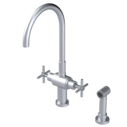 Rubinet Two Handle Single Hole Kitchen Set with LaSalle Spout with Hand Spray Satin Chrome