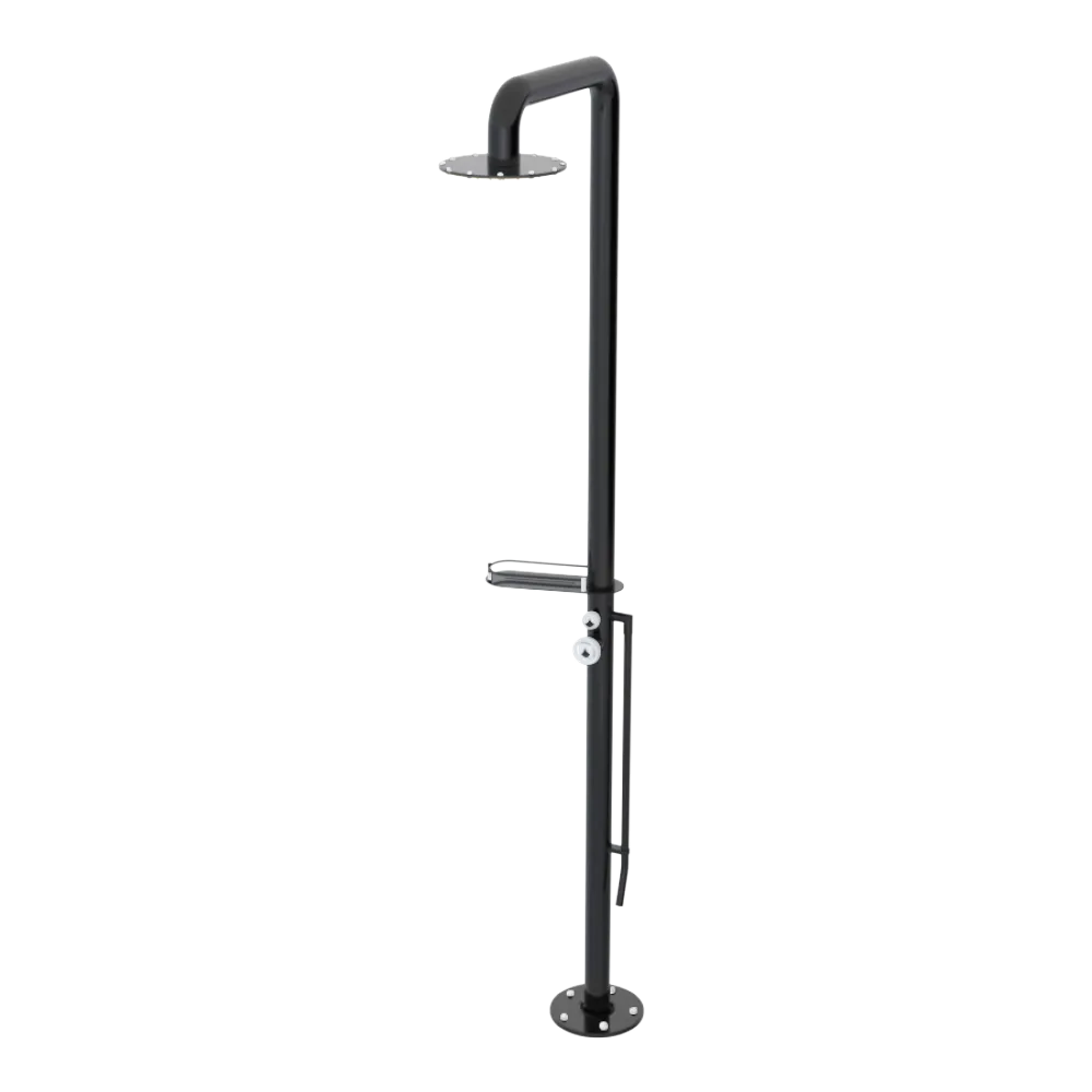 Rubinet Pressure Balance Outdoor Shower with Foot Rinse & 10" Shower Head (with shelf) - 304 Stainless Steel Black