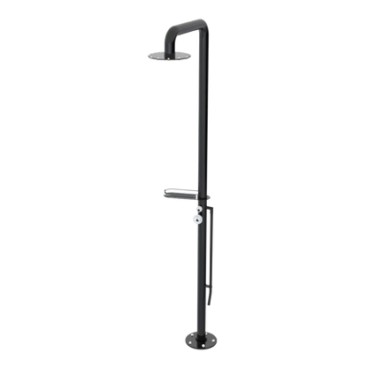 Rubinet Pressure Balance Outdoor Shower with Foot Rinse & 10" Shower Head (with shelf) - 304 Stainless Steel Black