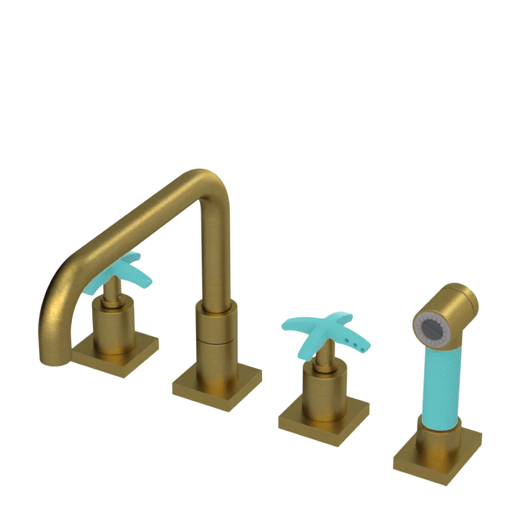 Rubinet Widespread Kitchen Set with Genesis Spout with Hand Spray Antique Brass Matt