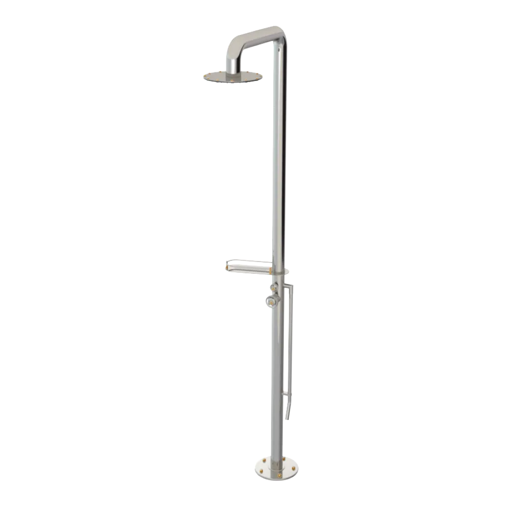 Rubinet Pressure Balance Outdoor Shower with Foot Rinse & 10" Shower Head (with shelf) - 304 Stainless Steel Polished Nickel