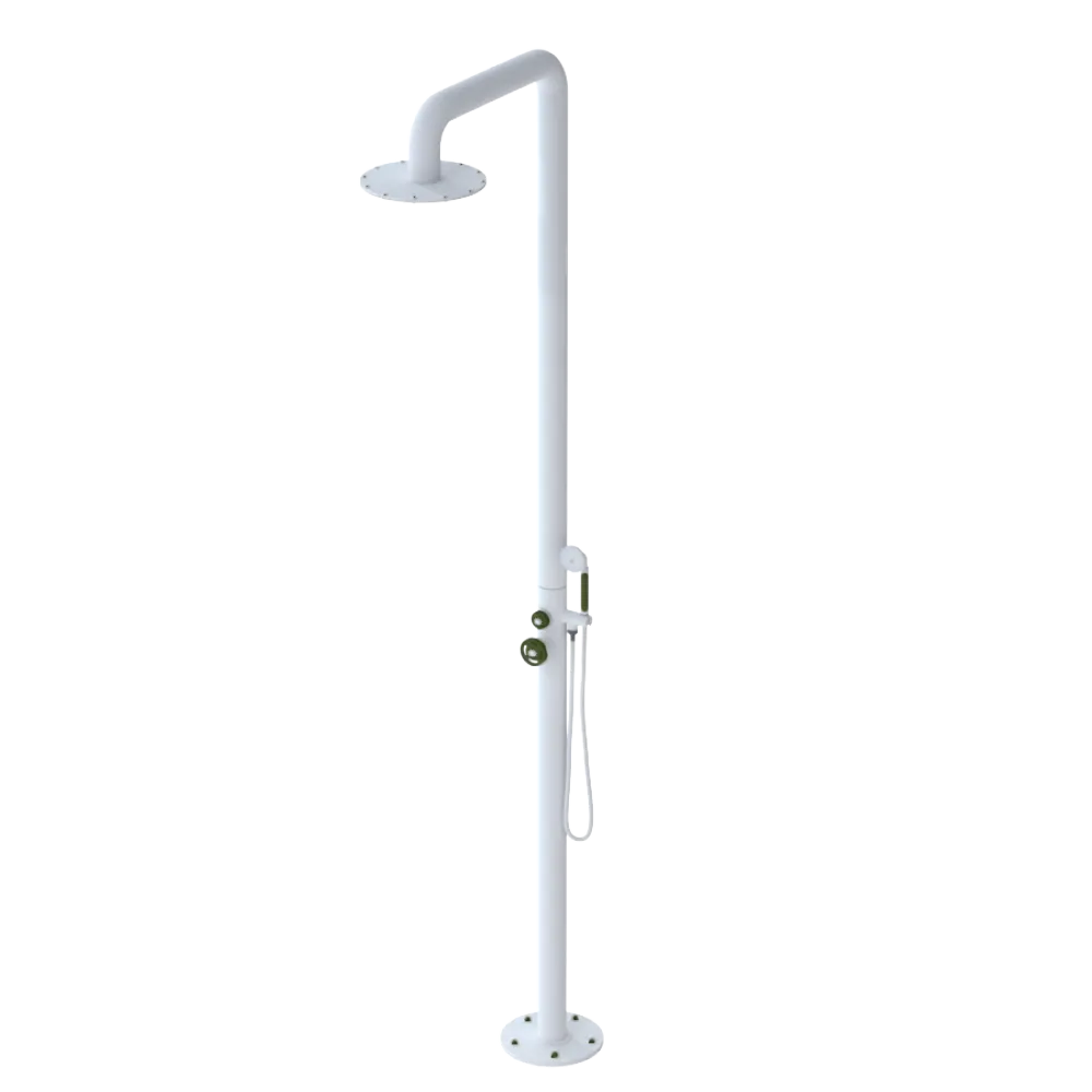 Rubinet Pressure Balance Outdoor Shower with Hand Held Shower & 10" Shower Head - 304 Stainless Steel Matt White