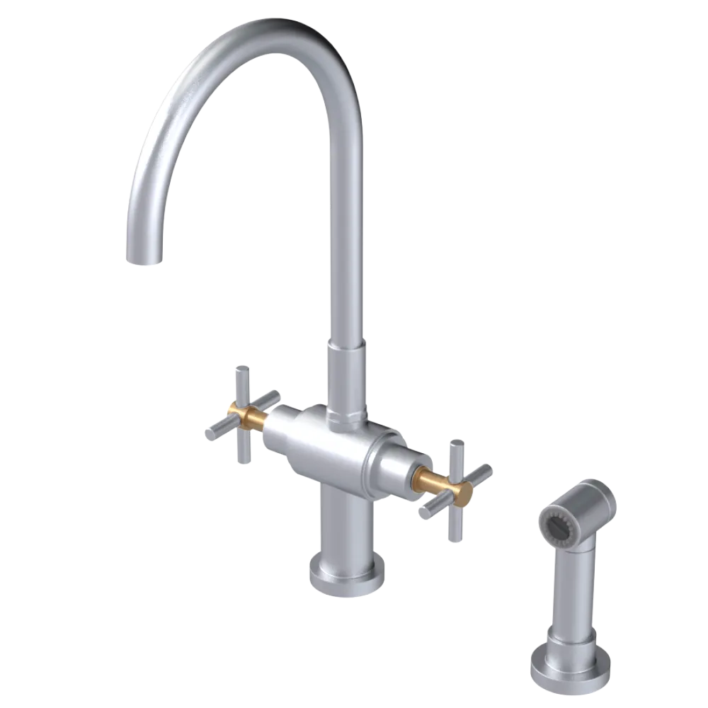 Rubinet Two Handle Single Hole Kitchen Set with LaSalle Spout with Hand Spray Satin Chrome