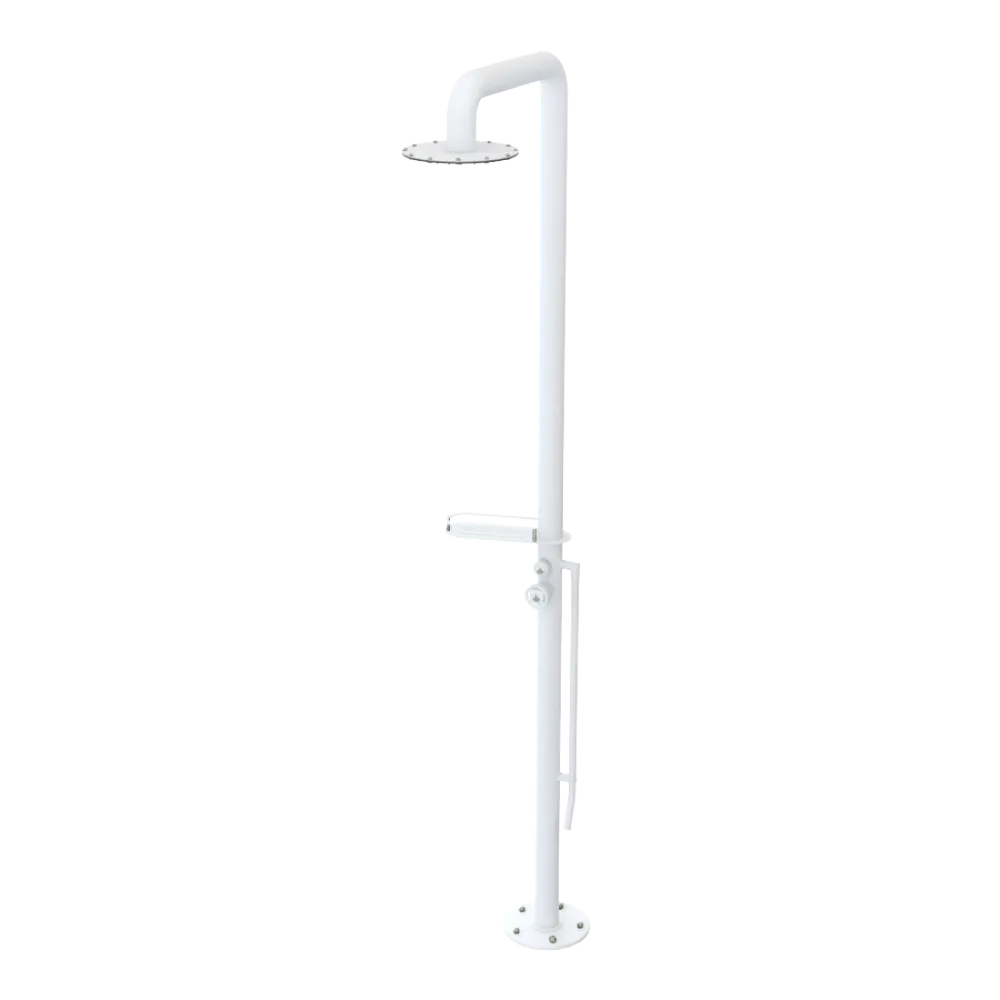 Rubinet Pressure Balance Outdoor Shower with Foot Rinse & 10" Shower Head (with shelf) - 304 Stainless Steel Matt White