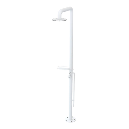 Rubinet Pressure Balance Outdoor Shower with Foot Rinse & 10" Shower Head (with shelf) - 304 Stainless Steel Matt White