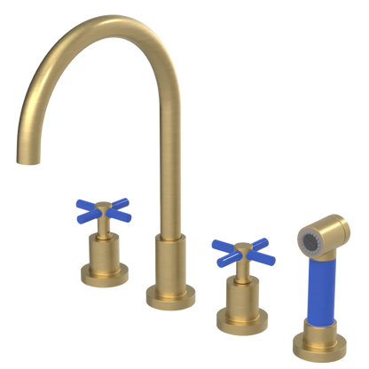 Rubinet Widespread Kitchen Set with LaSalle Spout with Hand Spray Satin Brass
