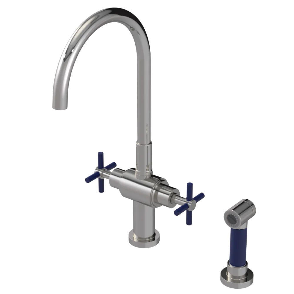 Rubinet Two Handle Single Hole Kitchen Set with LaSalle Spout with Hand Spray Polished Nickel