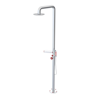 Rubinet Pressure Balance Outdoor Shower with Hand Held Shower & 10" Shower Head (with shelf) - 304 Stainless Steel Satin Chrome