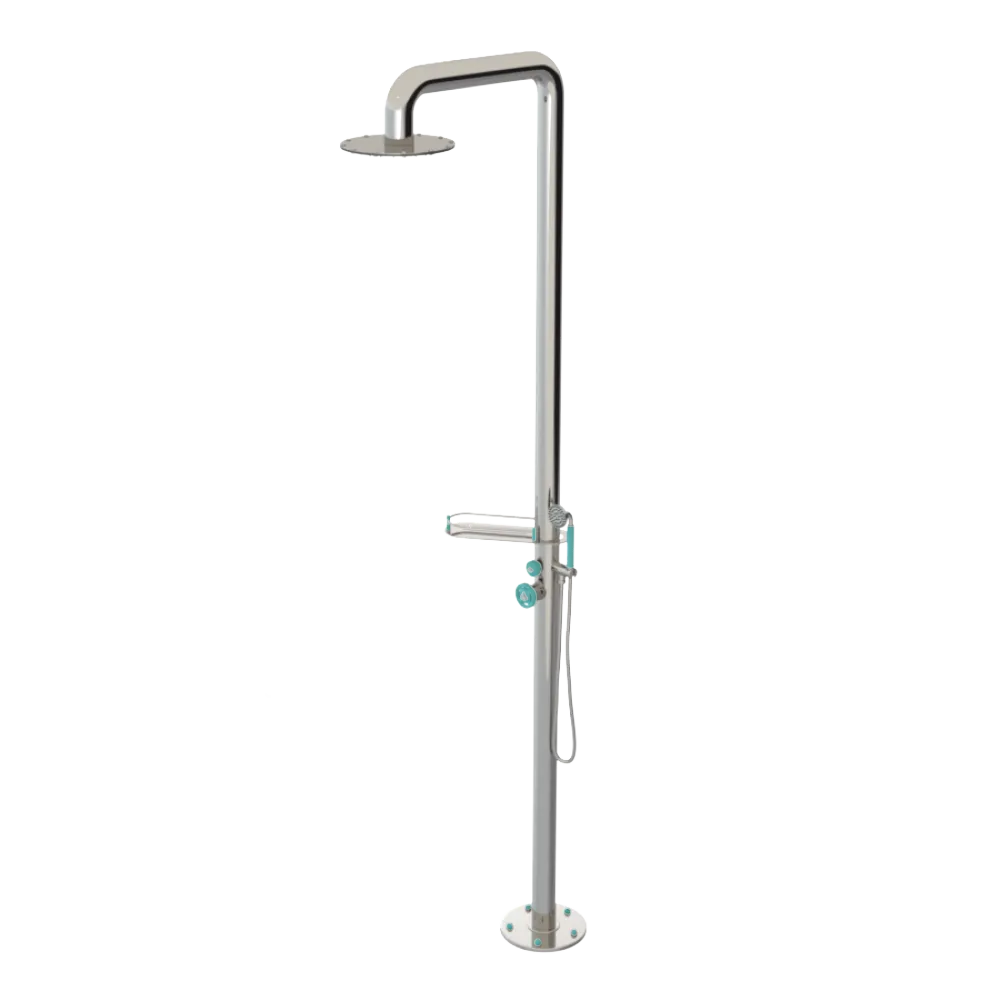 Rubinet Pressure Balance Outdoor Shower with Hand Held Shower & 10" Shower Head (with shelf) - 304 Stainless Steel Polished Nickel