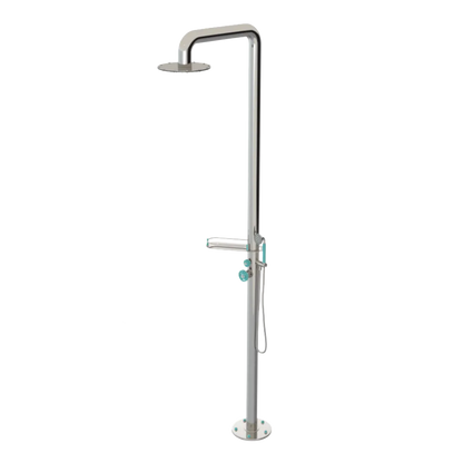 Rubinet Pressure Balance Outdoor Shower with Hand Held Shower & 10" Shower Head (with shelf) - 304 Stainless Steel Polished Nickel