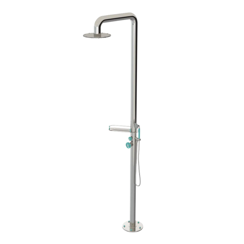 Rubinet Pressure Balance Outdoor Shower with Hand Held Shower & 10" Shower Head (with shelf) - 304 Stainless Steel Polished Nickel