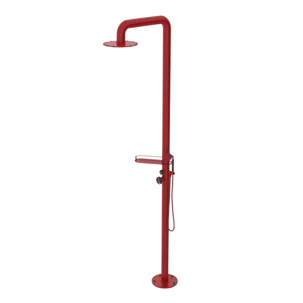 Rubinet Pressure Balance Outdoor Shower with Hand Held Shower & 10" Shower Head (with shelf) - 304 Stainless Steel Maroon