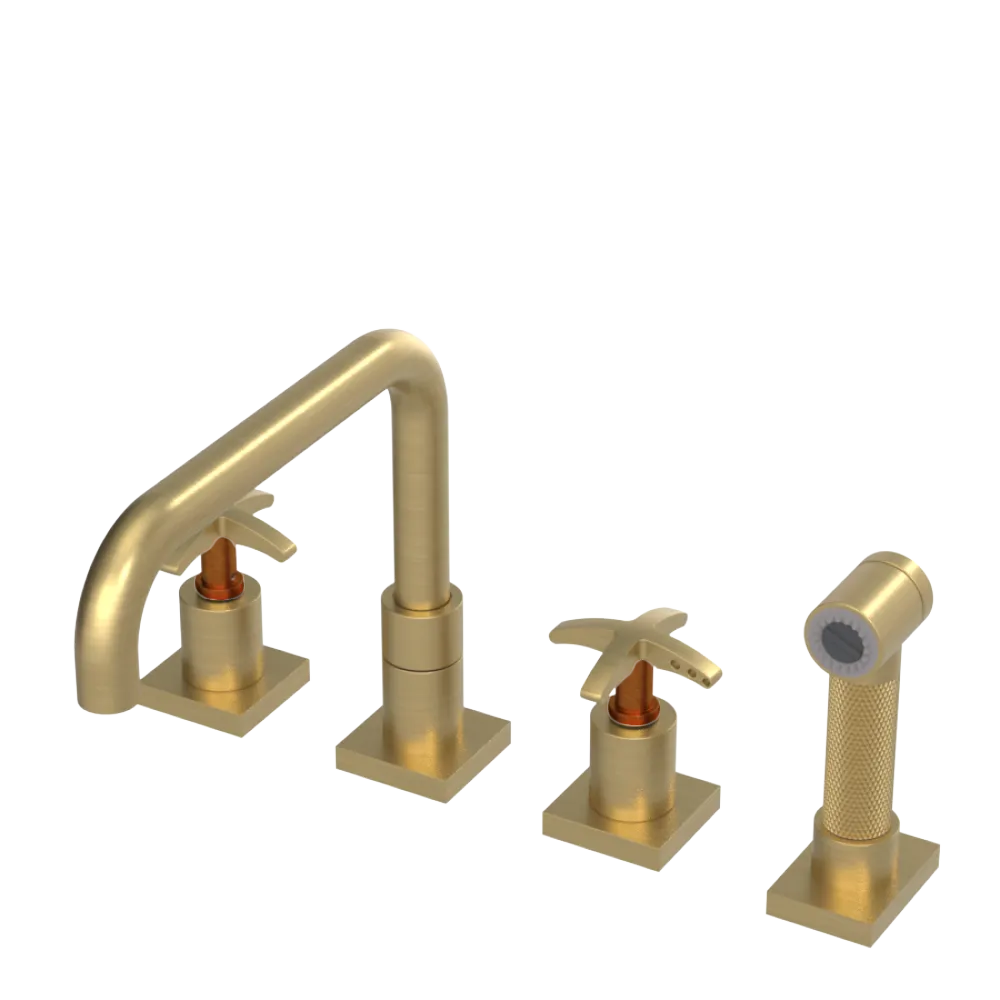 Rubinet Widespread Kitchen Set with Genesis Spout with Hand Spray Satin Brass