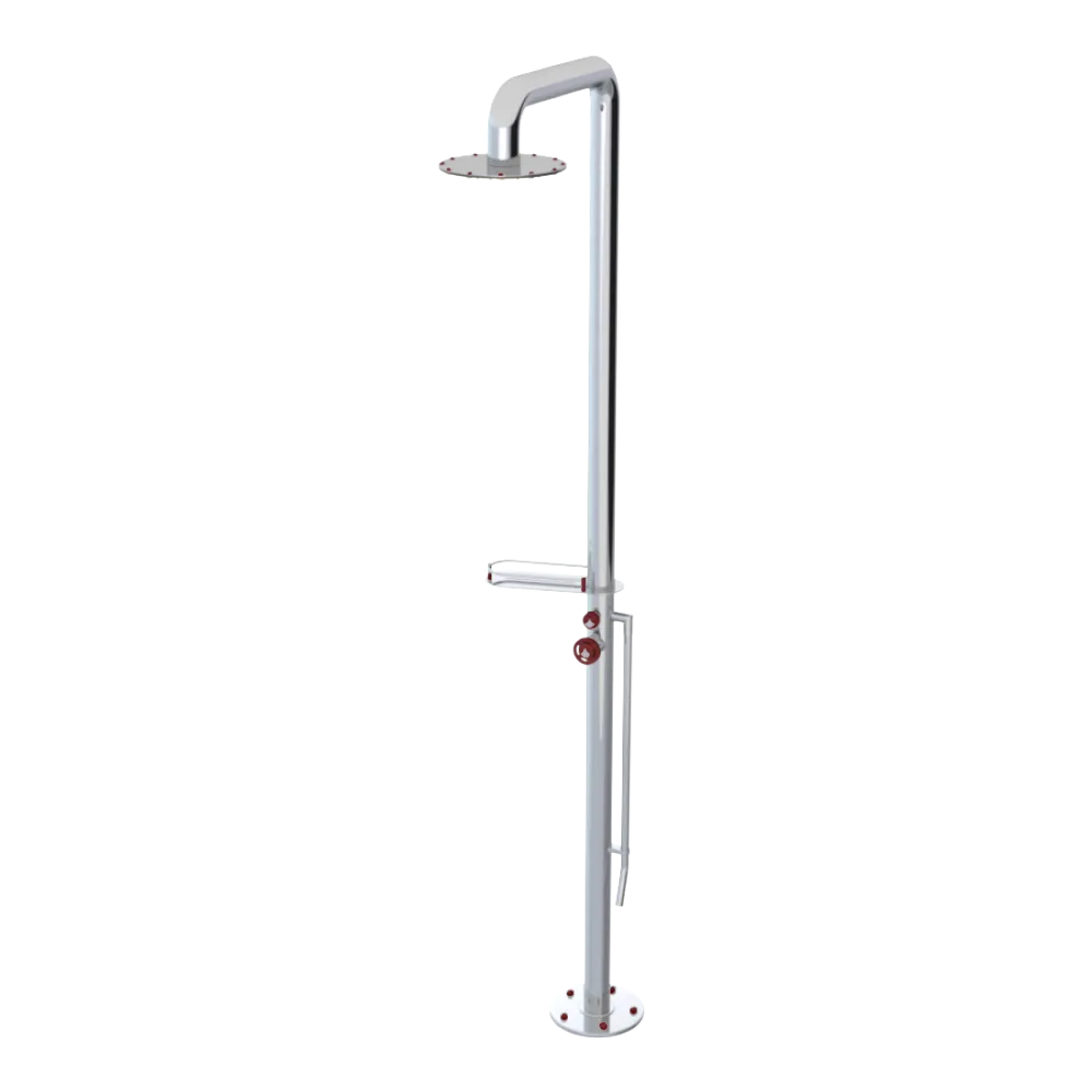Rubinet Pressure Balance Outdoor Shower with Foot Rinse & 10" Shower Head (with shelf) - 304 Stainless Steel Chrome