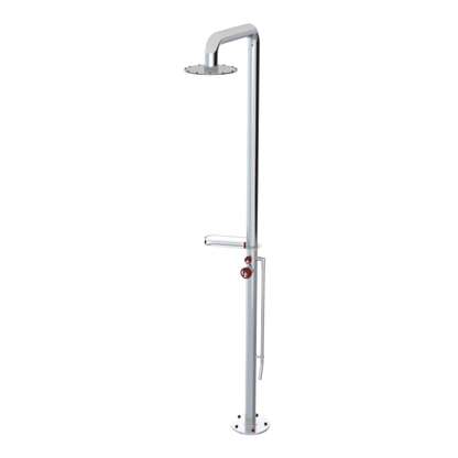 Rubinet Pressure Balance Outdoor Shower with Foot Rinse & 10" Shower Head (with shelf) - 304 Stainless Steel Chrome