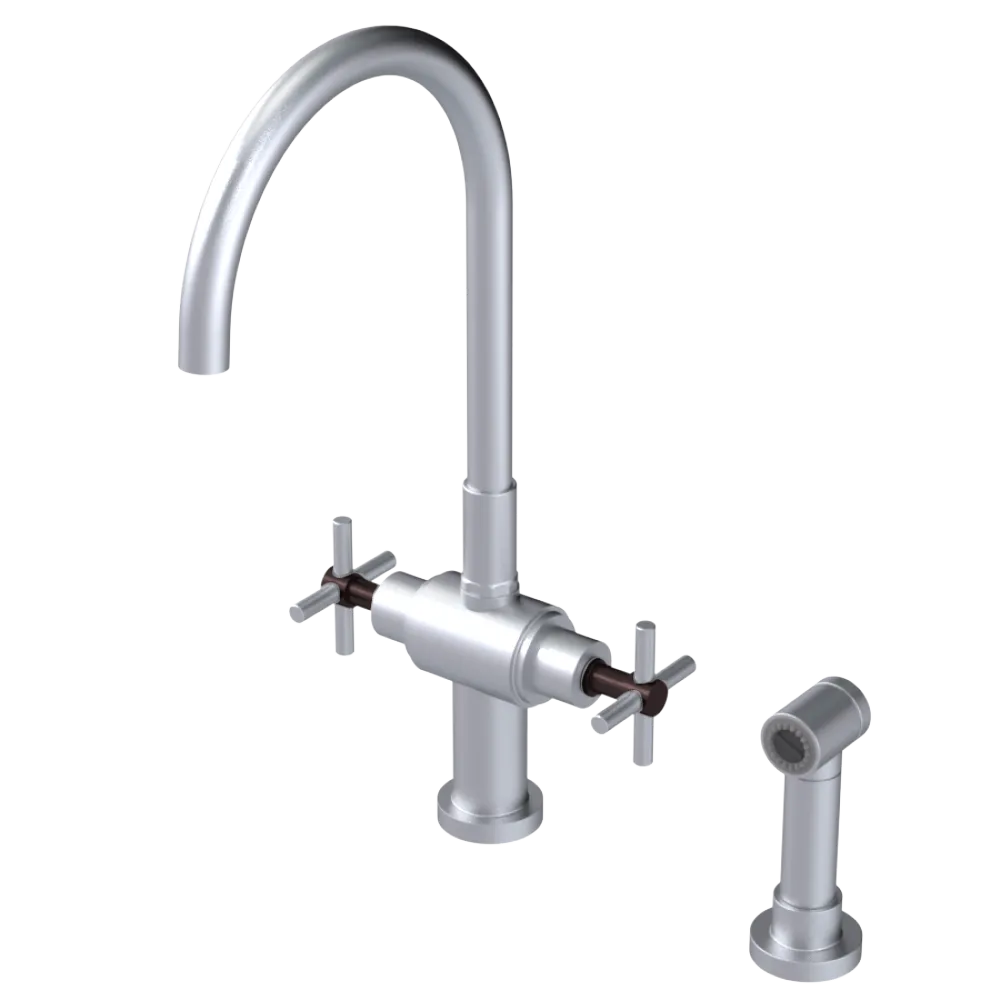 Rubinet Two Handle Single Hole Kitchen Set with LaSalle Spout with Hand Spray Satin Chrome