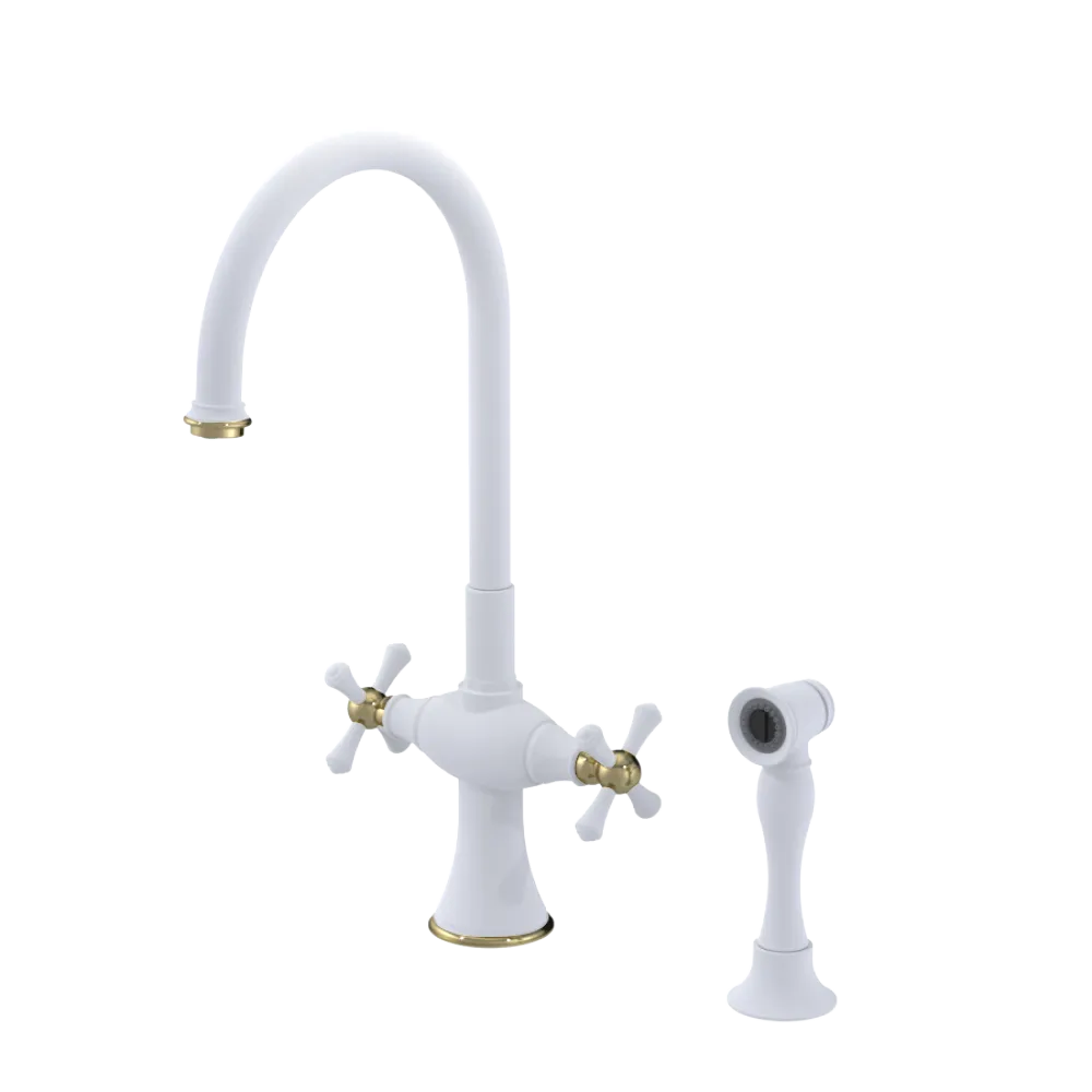 Rubinet Two Handle Single Hole Kitchen Set with Hand Spray Matt White