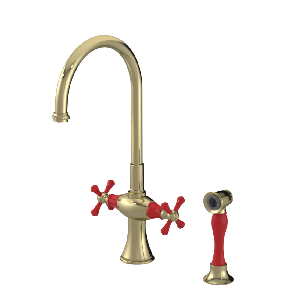 Rubinet Two Handle Single Hole Kitchen Set with Hand Spray Natural Brass