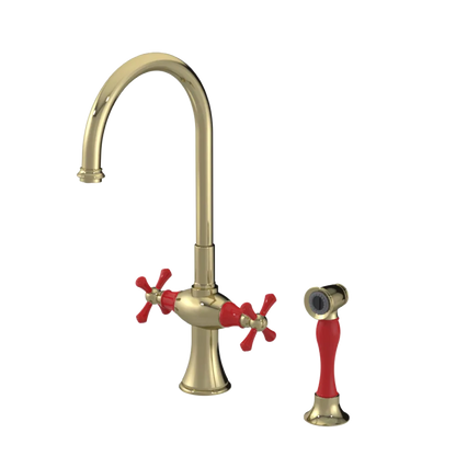 Rubinet Two Handle Single Hole Kitchen Set with Hand Spray Natural Brass