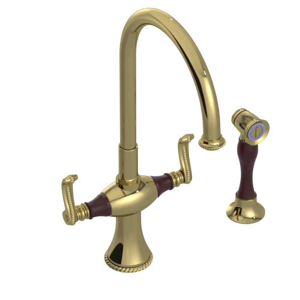 Rubinet Two Handle Single Hole Kitchen Set with Hand Spray Natural Brass