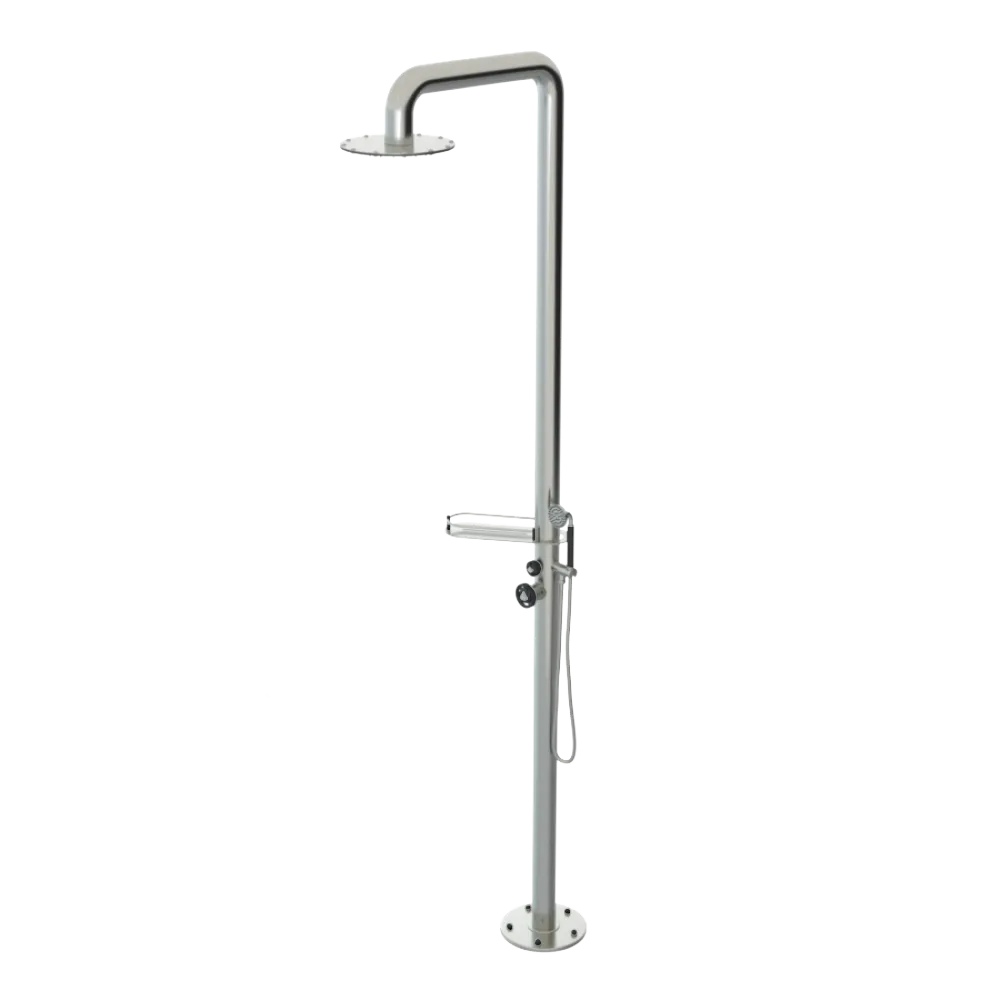 Rubinet Pressure Balance Outdoor Shower with Hand Held Shower & 10" Shower Head (with shelf) - 304 Stainless Steel Satin Nickel