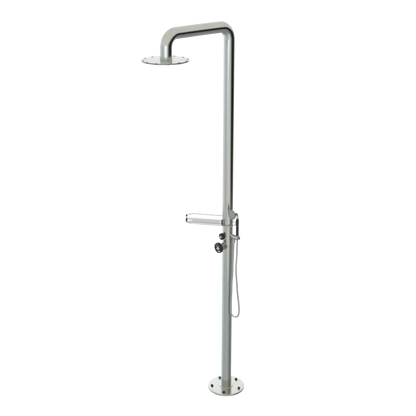 Rubinet Pressure Balance Outdoor Shower with Hand Held Shower & 10" Shower Head (with shelf) - 304 Stainless Steel Satin Nickel