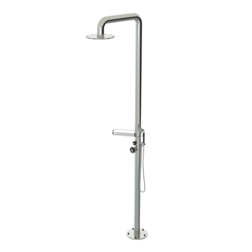 Rubinet Pressure Balance Outdoor Shower with Hand Held Shower & 10" Shower Head (with shelf) - 304 Stainless Steel Satin Nickel