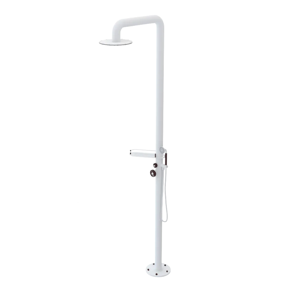 Rubinet Pressure Balance Outdoor Shower with Hand Held Shower & 10" Shower Head (with shelf) - 304 Stainless Steel Matt White