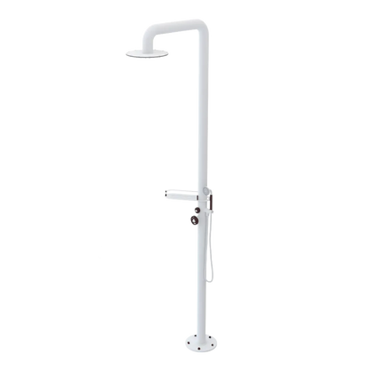 Rubinet Pressure Balance Outdoor Shower with Hand Held Shower & 10" Shower Head (with shelf) - 304 Stainless Steel Matt White
