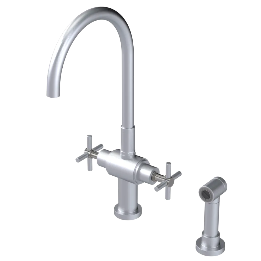 Rubinet Two Handle Single Hole Kitchen Set with LaSalle Spout with Hand Spray Satin Chrome