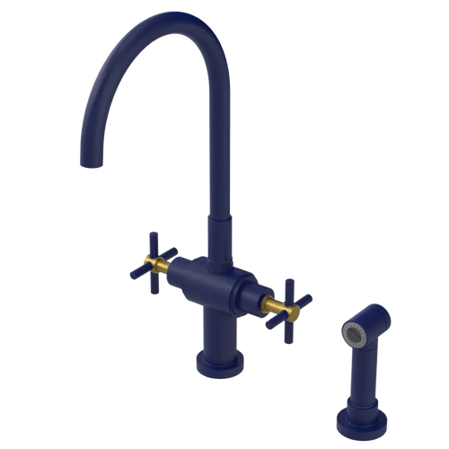 Rubinet Two Handle Single Hole Kitchen Set with LaSalle Spout with Hand Spray Midnight Blue