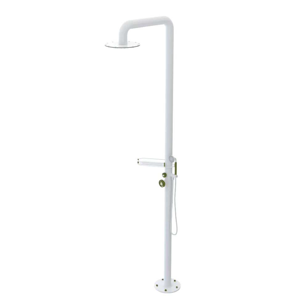 Rubinet Pressure Balance Outdoor Shower with Hand Held Shower & 10" Shower Head (with shelf) - 304 Stainless Steel White