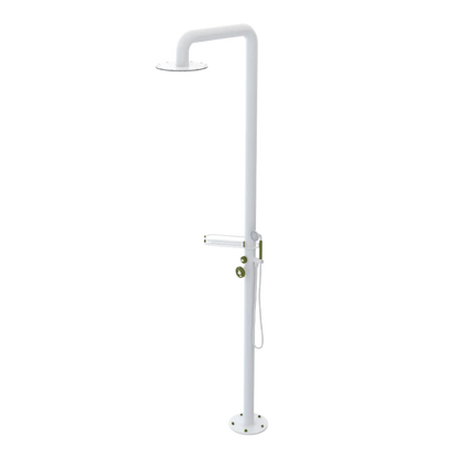 Rubinet Pressure Balance Outdoor Shower with Hand Held Shower & 10" Shower Head (with shelf) - 304 Stainless Steel White