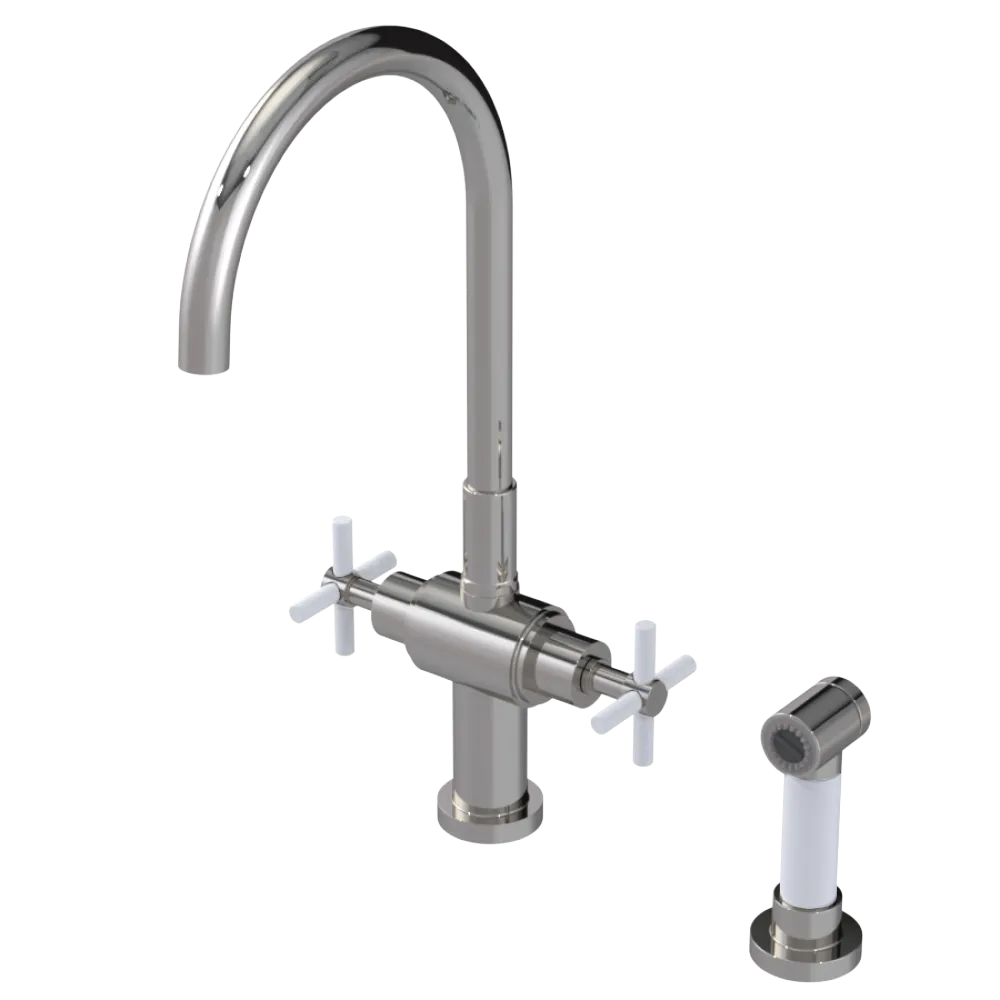 Rubinet Two Handle Single Hole Kitchen Set with LaSalle Spout with Hand Spray Polished Nickel