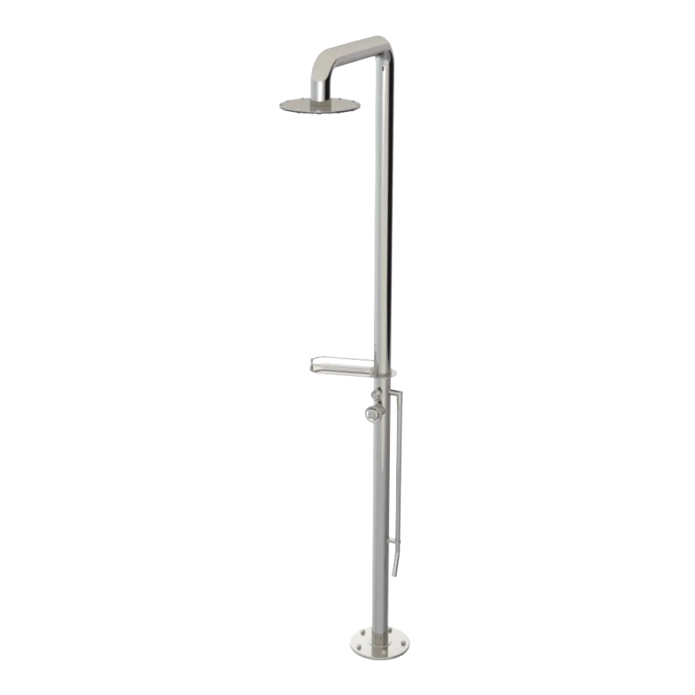 Rubinet Pressure Balance Outdoor Shower with Foot Rinse & 10" Shower Head (with shelf) - 304 Stainless Steel Polished Nickel
