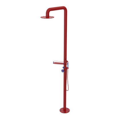 Rubinet Pressure Balance Outdoor Shower with Hand Held Shower & 10" Shower Head (with shelf) - 304 Stainless Steel Maroon