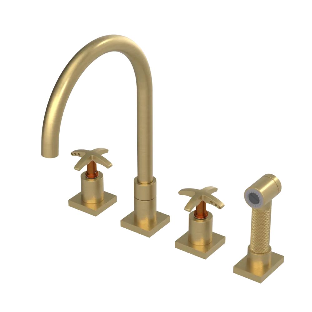 Rubinet Widespread Kitchen Set with Hand Spray Satin Brass