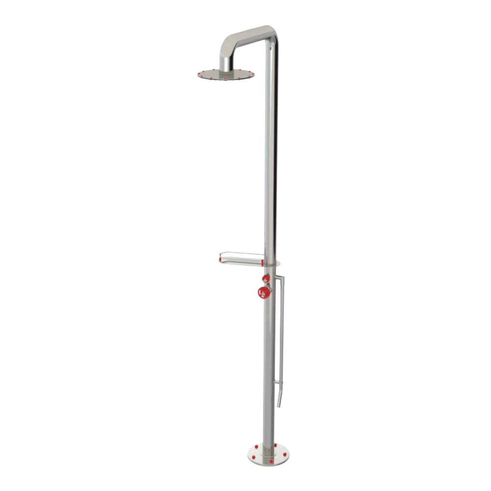 Rubinet Pressure Balance Outdoor Shower with Foot Rinse & 10" Shower Head (with shelf) - 304 Stainless Steel Polished Nickel