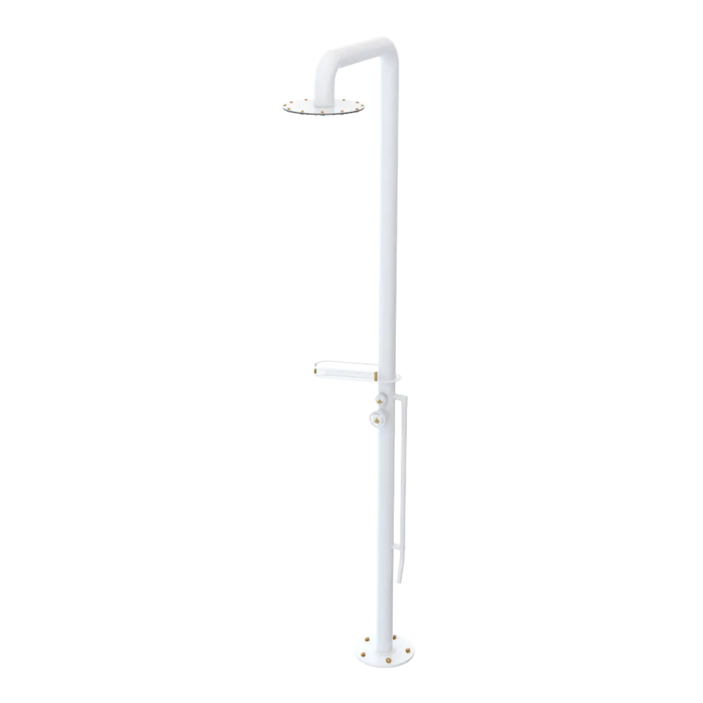 Rubinet Pressure Balance Outdoor Shower with Foot Rinse & 10" Shower Head (with shelf) - 304 Stainless Steel White