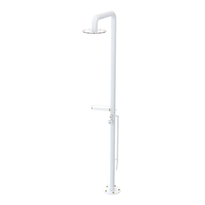 Rubinet Pressure Balance Outdoor Shower with Foot Rinse & 10" Shower Head (with shelf) - 304 Stainless Steel White