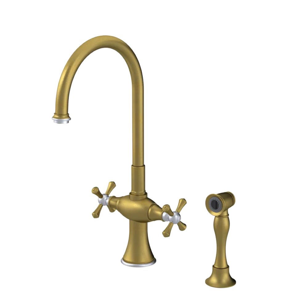 Rubinet Two Handle Single Hole Kitchen Set with Hand Spray Antique Brass Matt