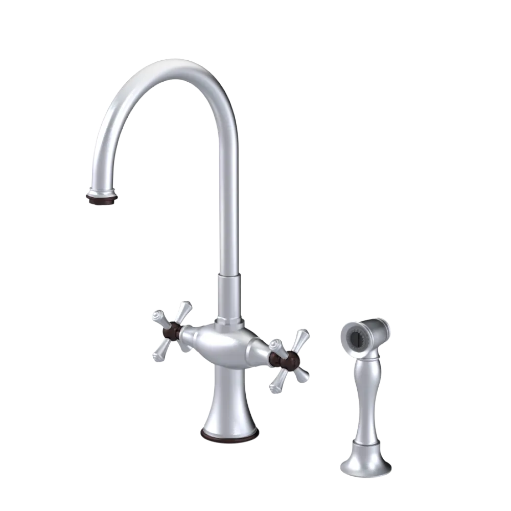 Rubinet Two Handle Single Hole Kitchen Set with Hand Spray Satin Chrome